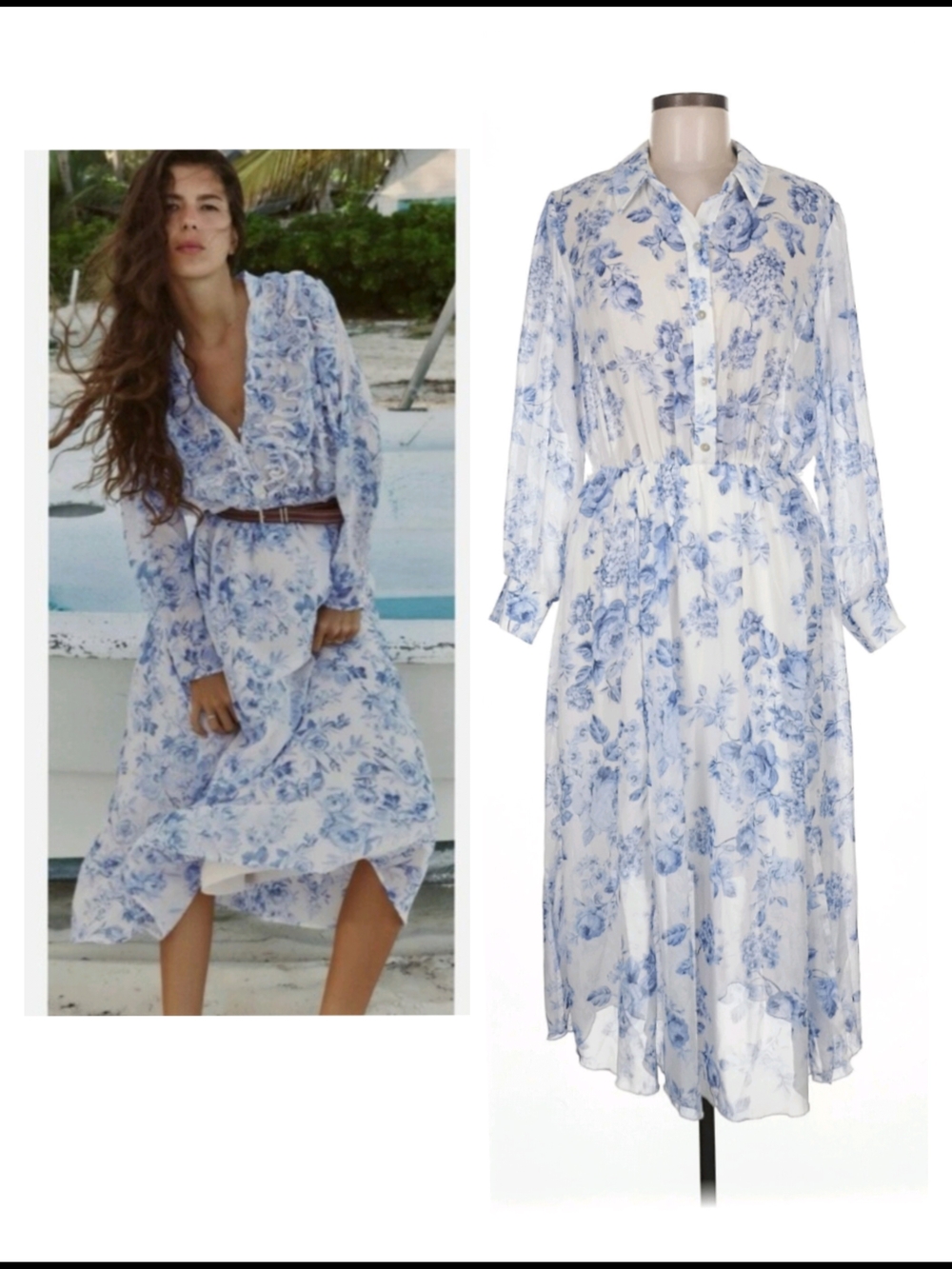 Blue Floral Long-Sleeve Shirt Dress